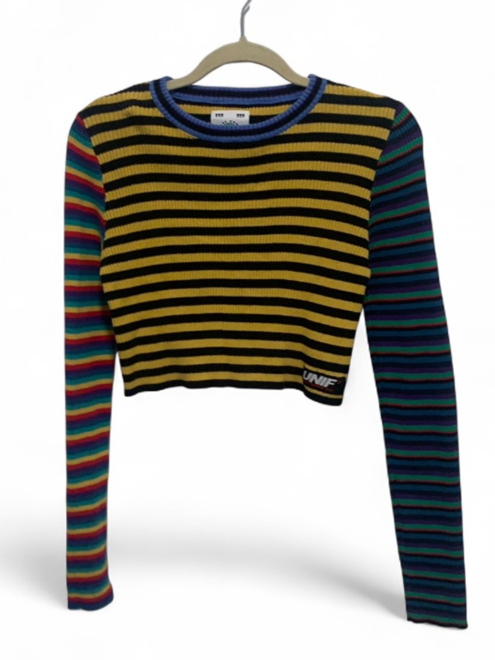 UNIF Yellow & Multicolor Striped Cropped Ribbed Sweater Top